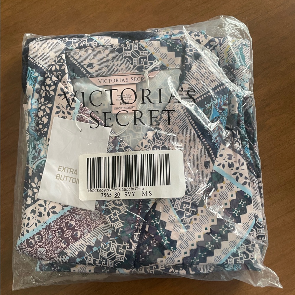Victoria's Secret Patchwork Print satin Pajama Set - Teal, Navy & Cream